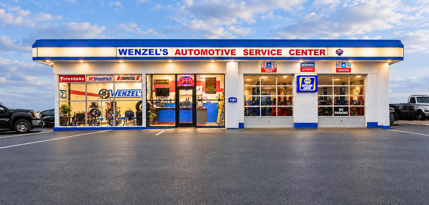 Wenzel's Automotive Service Center storefront on Sheridan Road in Winthrop Harbor in daylight